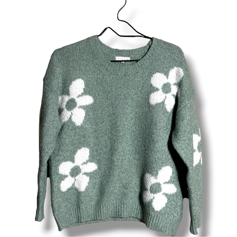 Little Lies M/L Mint Green with White Floral Crewneck Sweater Soft Intarsia Knit - Picture 15 of 16